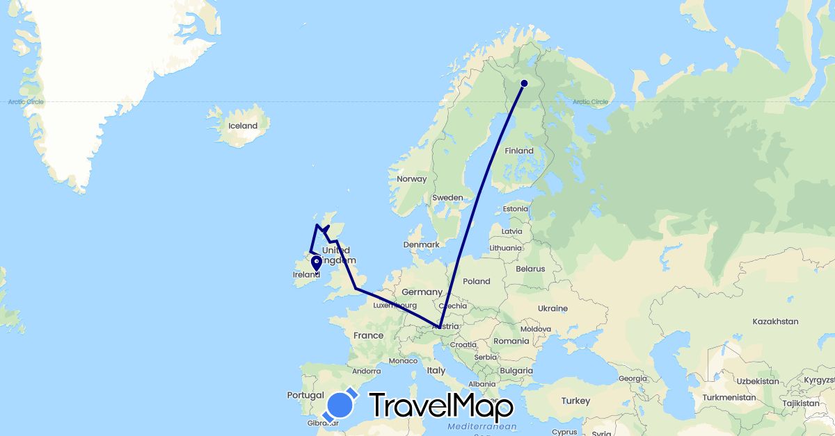 TravelMap itinerary: driving in Austria, Finland, United Kingdom, Ireland (Europe)